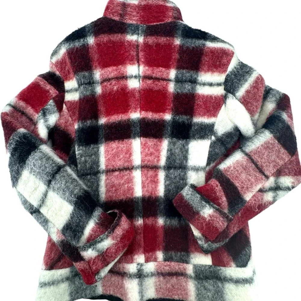 Zara Wool‎ Mohair Jacket Maroon/Black/White Plaid Asymmetric Snap Close Womens S